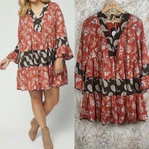 Entro Falling For Paisley Mini Dress Boho Peasant Festival Summer Floral NWT M
